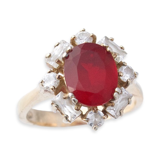 Vintage Ruby Glass Cocktail Ring Size 10 Gold Vermeil Sterling Silver - Picture 3 of 5
